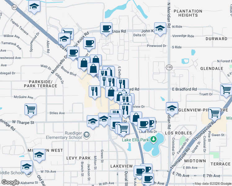 map of restaurants, bars, coffee shops, grocery stores, and more near 1889 North Martin Luther King Junior Boulevard in Tallahassee