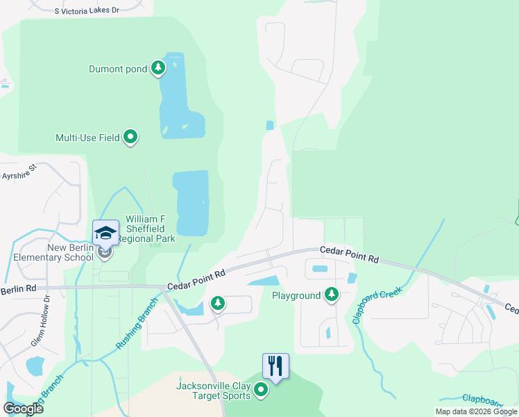 map of restaurants, bars, coffee shops, grocery stores, and more near 12574 Pine Marsh Way in Jacksonville