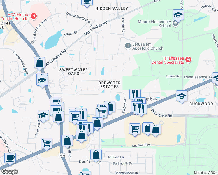 map of restaurants, bars, coffee shops, grocery stores, and more near 4177 Brewster Road in Tallahassee