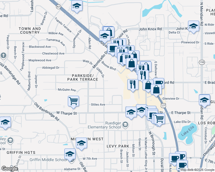 map of restaurants, bars, coffee shops, grocery stores, and more near 639 Voncile Avenue in Tallahassee