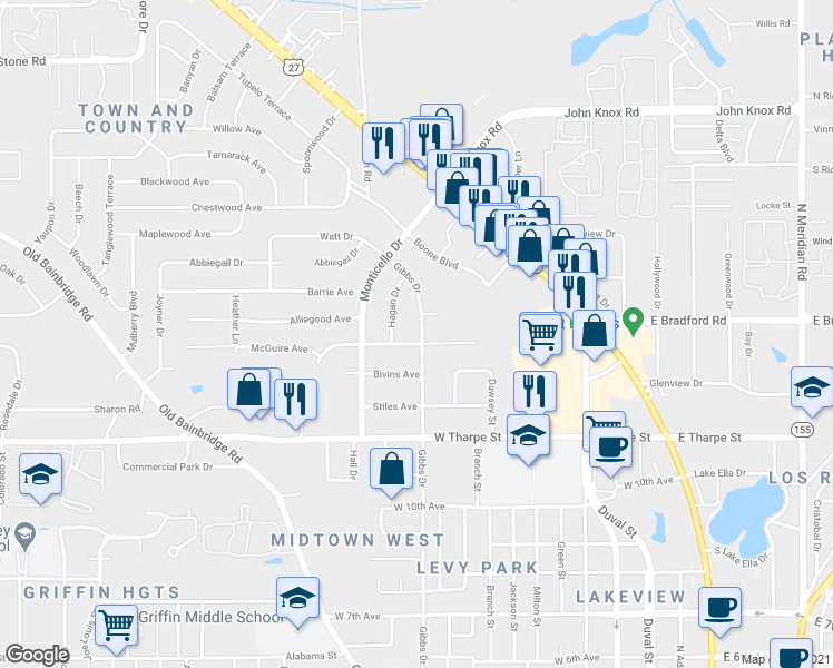 map of restaurants, bars, coffee shops, grocery stores, and more near 703 Voncile Avenue in Tallahassee