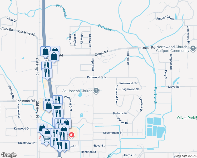 map of restaurants, bars, coffee shops, grocery stores, and more near 15231A Parkwood Drive North in Gulfport