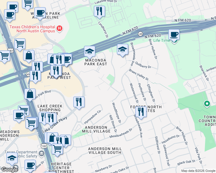 map of restaurants, bars, coffee shops, grocery stores, and more near 13305 Lyndhurst Street in Austin