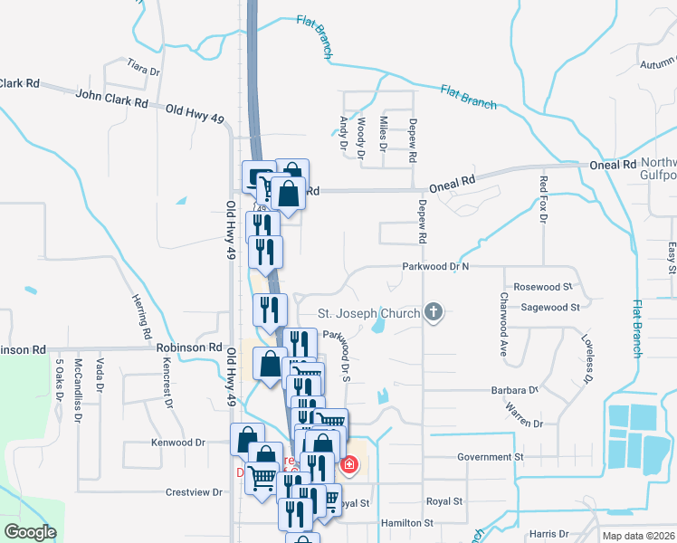 map of restaurants, bars, coffee shops, grocery stores, and more near 12300-12398 Fernwood Cove in Gulfport