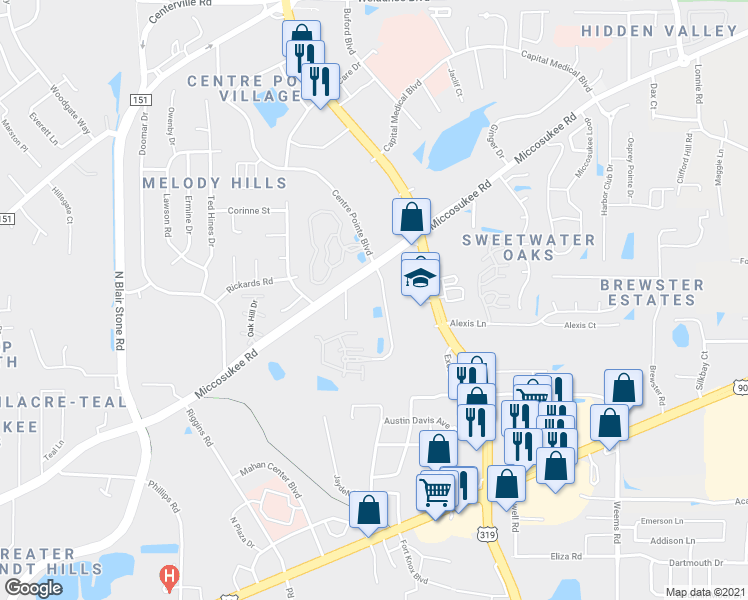 map of restaurants, bars, coffee shops, grocery stores, and more near 1818 Miccosukee Commons Drive in Tallahassee