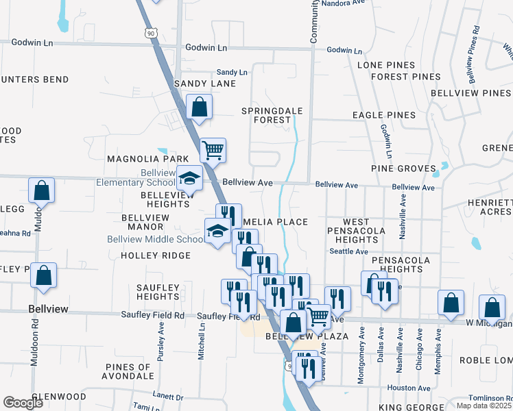 map of restaurants, bars, coffee shops, grocery stores, and more near 6369 Mers Lane in Pensacola