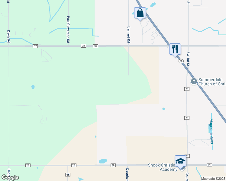 map of restaurants, bars, coffee shops, grocery stores, and more near 16707 Barnard Road in Summerdale