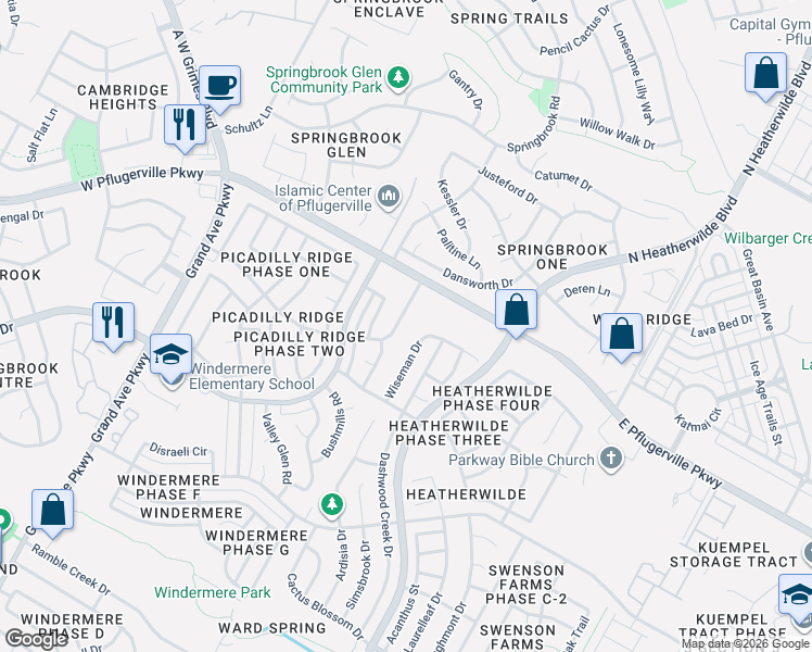 map of restaurants, bars, coffee shops, grocery stores, and more near 17509 Wiseman Drive in Pflugerville