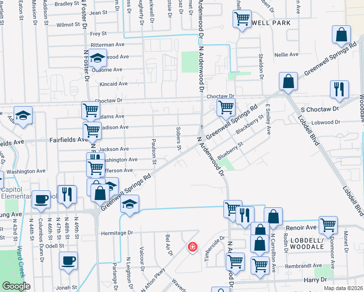 map of restaurants, bars, coffee shops, grocery stores, and more near 2038 Sobers Street in Baton Rouge