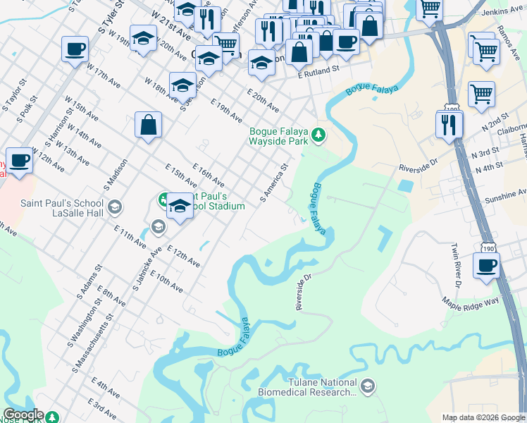 map of restaurants, bars, coffee shops, grocery stores, and more near 622 South America Street in Covington