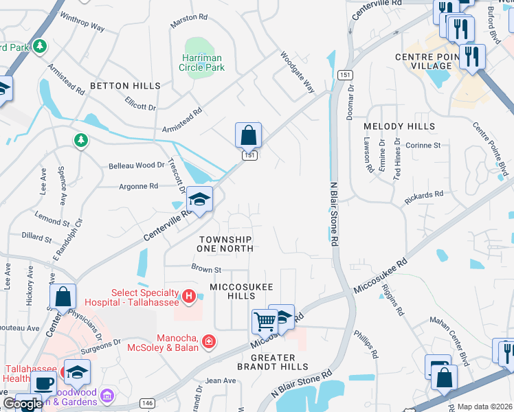 map of restaurants, bars, coffee shops, grocery stores, and more near 15768 Coombs Drive in Tallahassee