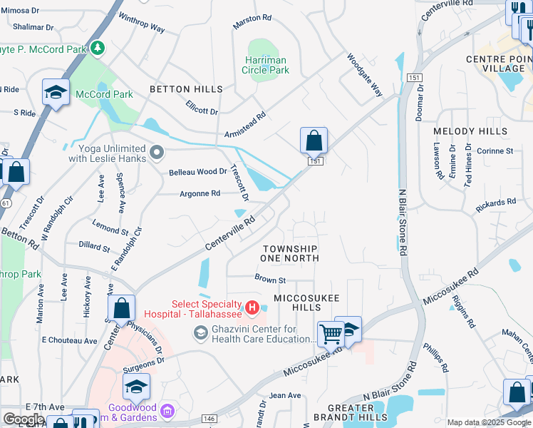 map of restaurants, bars, coffee shops, grocery stores, and more near 1582 Goodwood Drive in Tallahassee