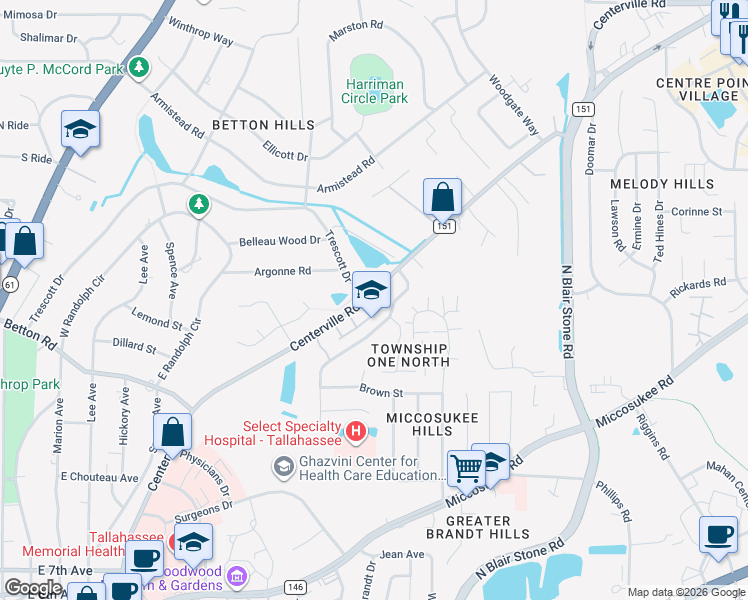 map of restaurants, bars, coffee shops, grocery stores, and more near 1582 Goodwood Drive in Tallahassee