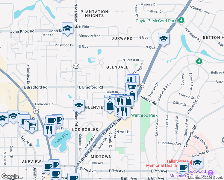 map of restaurants, bars, coffee shops, grocery stores, and more near 614 Collins Drive in Tallahassee