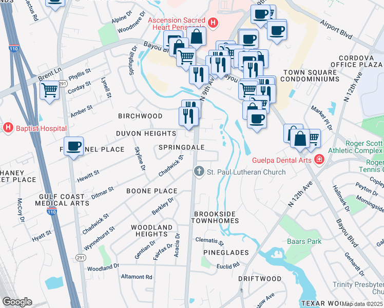map of restaurants, bars, coffee shops, grocery stores, and more near 4701-4715 North 9th Avenue in Pensacola