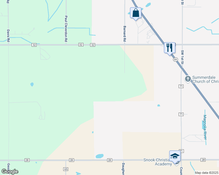 map of restaurants, bars, coffee shops, grocery stores, and more near 16707 Barnard Road in Summerdale