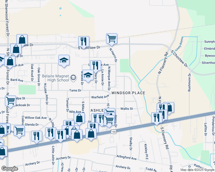 map of restaurants, bars, coffee shops, grocery stores, and more near 12627 Warfield Avenue in Baton Rouge