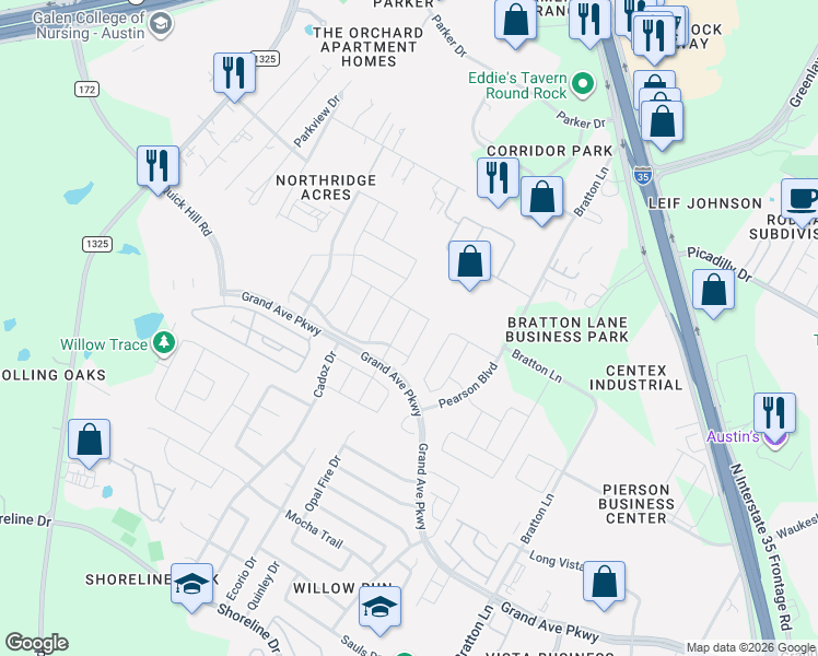 map of restaurants, bars, coffee shops, grocery stores, and more near 16007 Serene Fleming Trace in Austin
