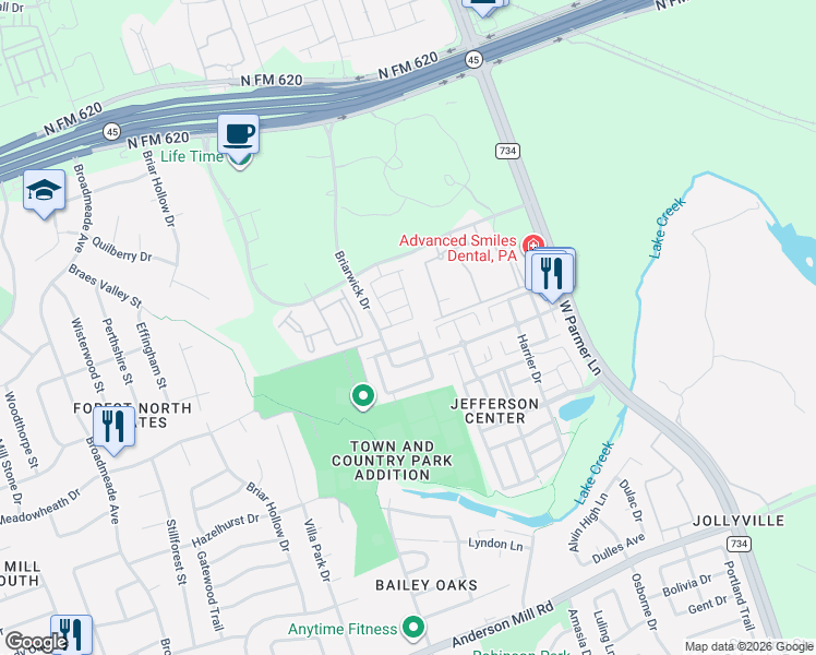 map of restaurants, bars, coffee shops, grocery stores, and more near 1401 Briarwick Drive in Austin