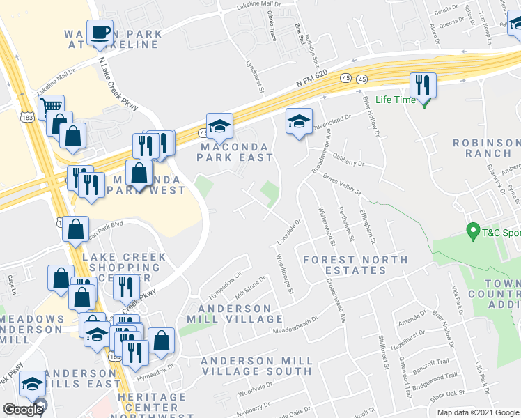 map of restaurants, bars, coffee shops, grocery stores, and more near 13305 Lyndhurst Street in Austin