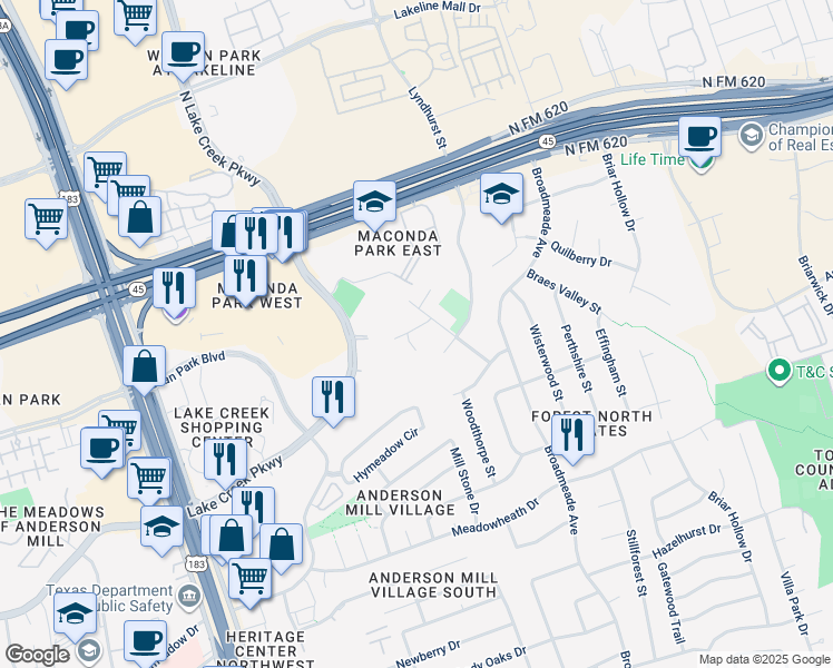 map of restaurants, bars, coffee shops, grocery stores, and more near 13200 Saxby Court in Austin