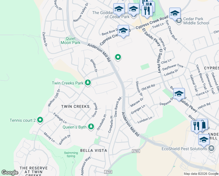 map of restaurants, bars, coffee shops, grocery stores, and more near 2500 Guara Drive in Cedar Park