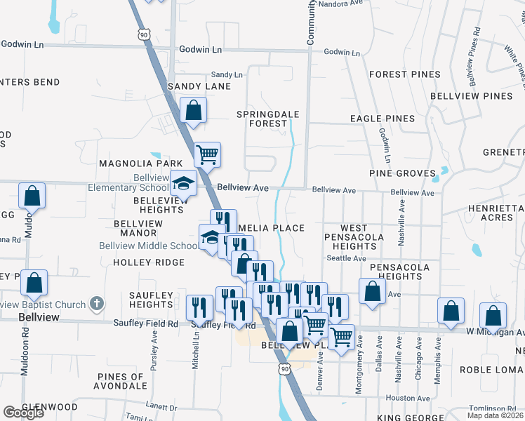 map of restaurants, bars, coffee shops, grocery stores, and more near 6372 Mers Lane in Pensacola