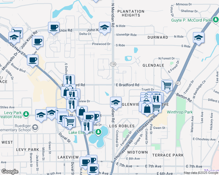 map of restaurants, bars, coffee shops, grocery stores, and more near 307 East Bradford Road in Tallahassee