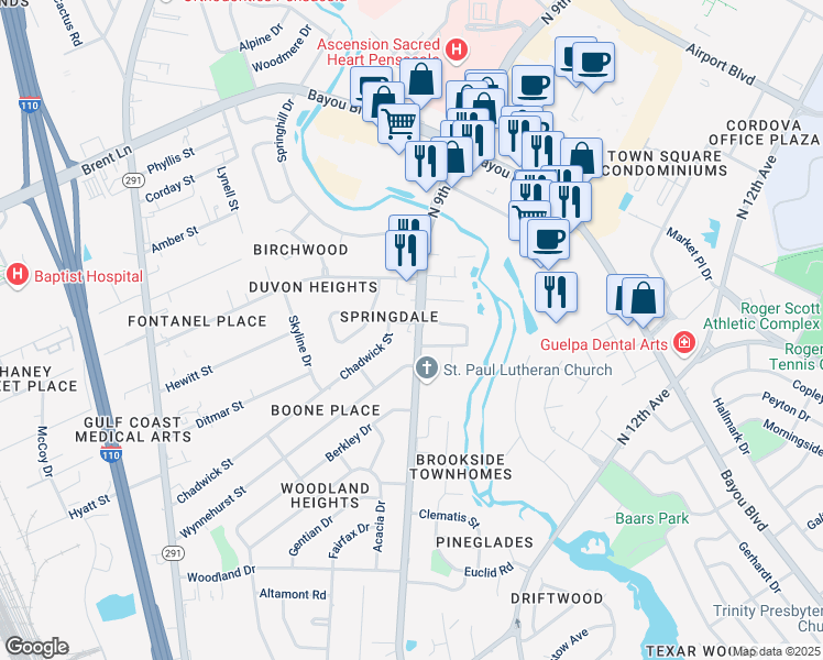 map of restaurants, bars, coffee shops, grocery stores, and more near 4701-4715 North 9th Avenue in Pensacola