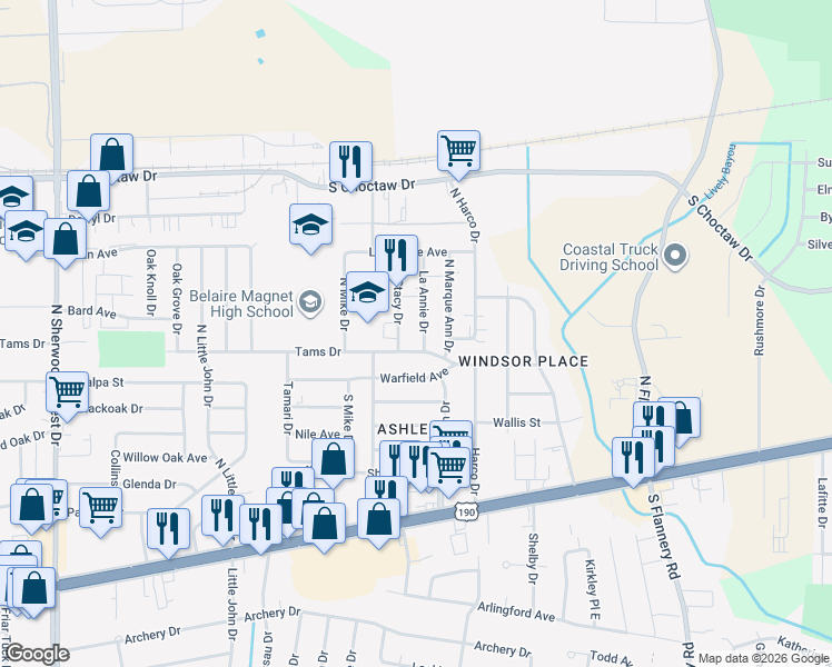 map of restaurants, bars, coffee shops, grocery stores, and more near 12456 Tams Drive in Baton Rouge