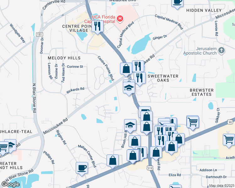 map of restaurants, bars, coffee shops, grocery stores, and more near Miccosukee Commons Drive in Tallahassee