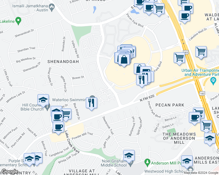 map of restaurants, bars, coffee shops, grocery stores, and more near 12707 Ridgeline Boulevard in Cedar Park