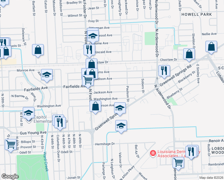 map of restaurants, bars, coffee shops, grocery stores, and more near 5223 Jackson Avenue in Baton Rouge