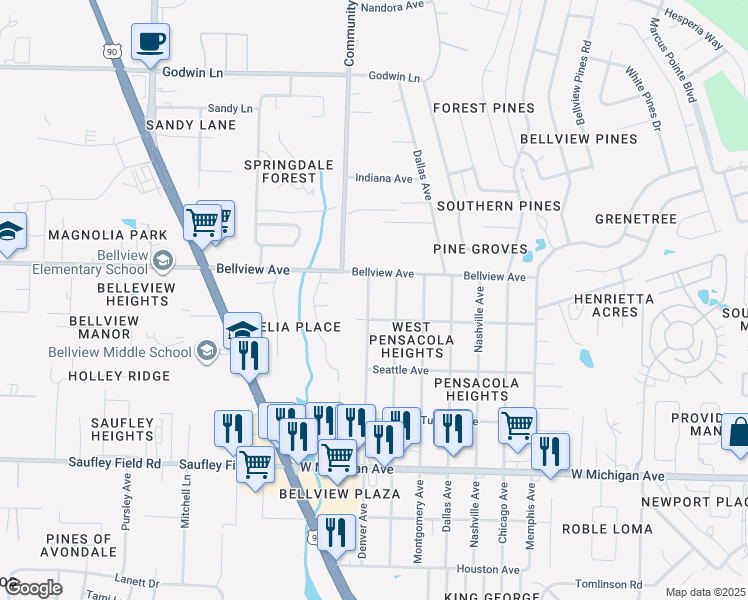 map of restaurants, bars, coffee shops, grocery stores, and more near 6350 Denver Avenue in Pensacola