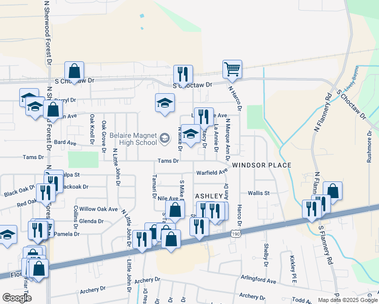 map of restaurants, bars, coffee shops, grocery stores, and more near 12255 Tams Drive in Baton Rouge