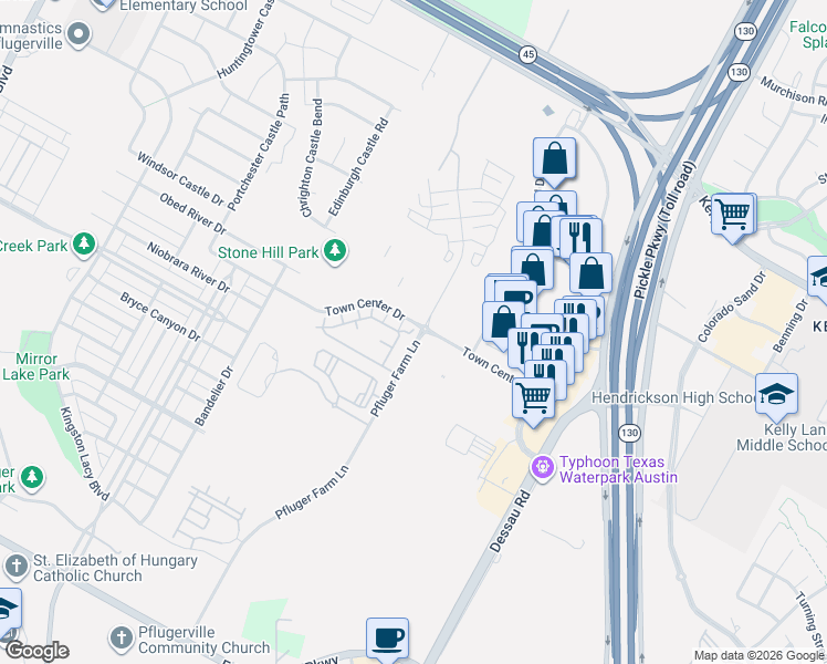 map of restaurants, bars, coffee shops, grocery stores, and more near 1316 Town Center Drive in Pflugerville