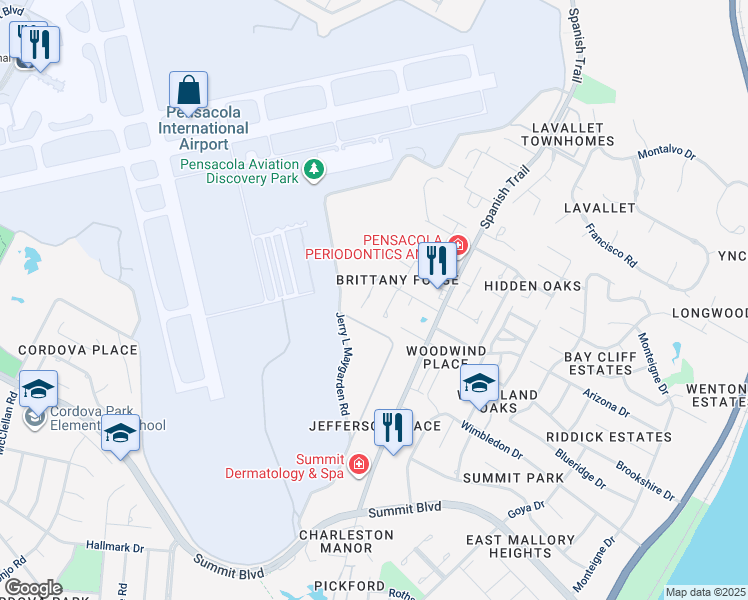 map of restaurants, bars, coffee shops, grocery stores, and more near 4104 Brittany Place in Pensacola