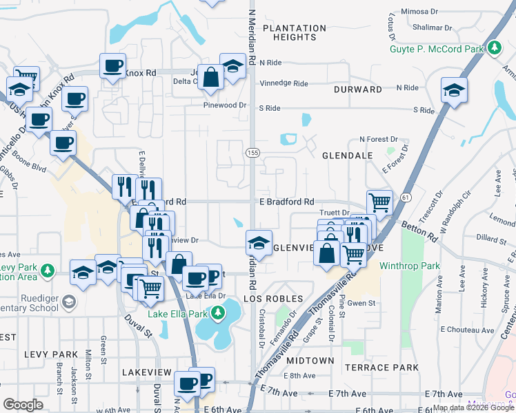 map of restaurants, bars, coffee shops, grocery stores, and more near 310 East Bradford Road in Tallahassee