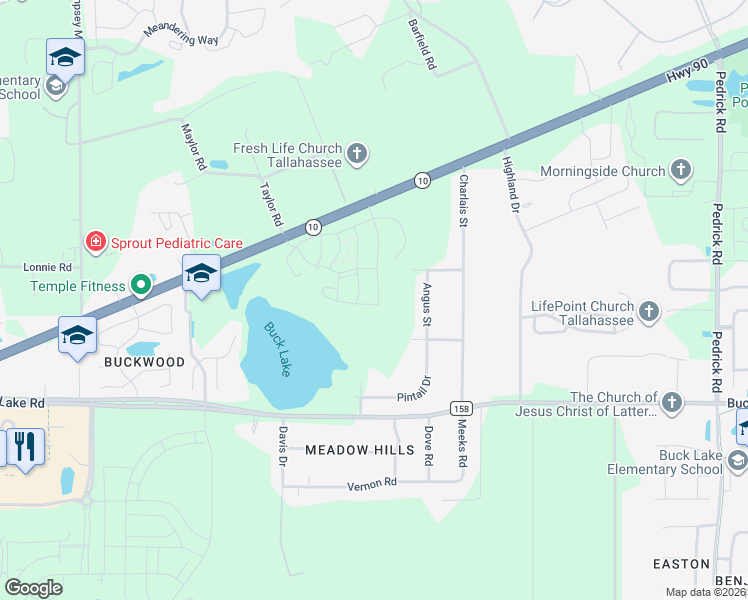 map of restaurants, bars, coffee shops, grocery stores, and more near 4219 Oak Run Lane in Tallahassee