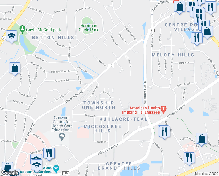 map of restaurants, bars, coffee shops, grocery stores, and more near 1637 Centerville Road in Tallahassee