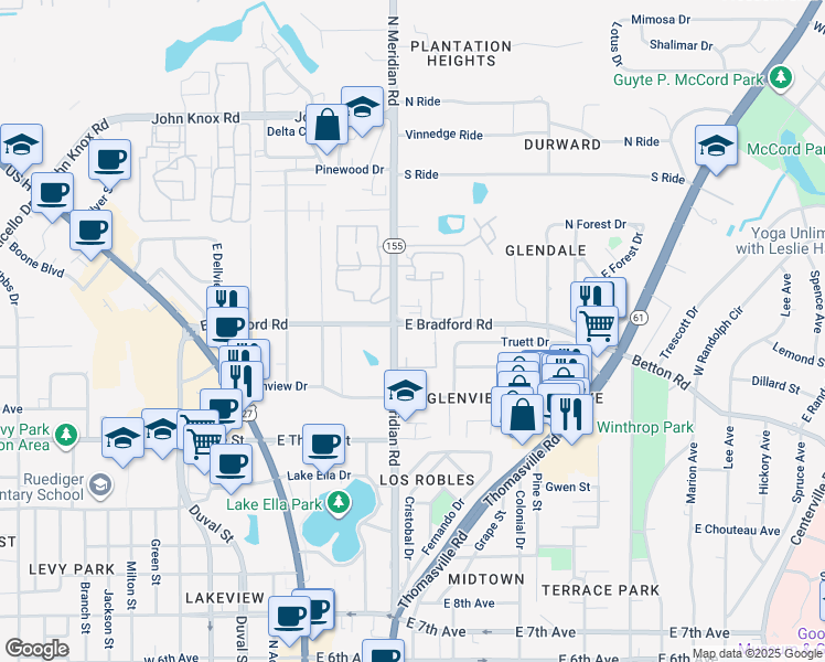 map of restaurants, bars, coffee shops, grocery stores, and more near 402 East Bradford Road in Tallahassee