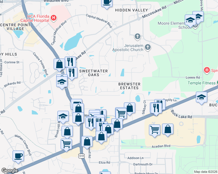 map of restaurants, bars, coffee shops, grocery stores, and more near 2864 Braddock Court in Tallahassee