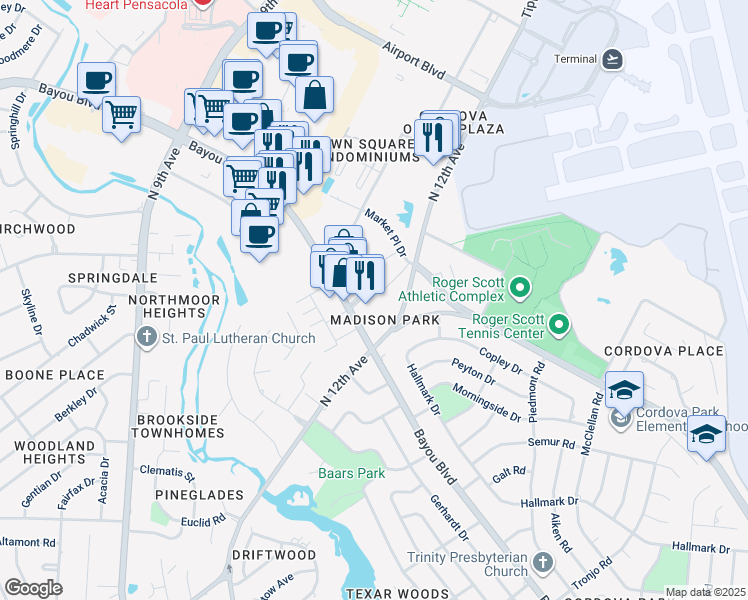 map of restaurants, bars, coffee shops, grocery stores, and more near 4400 Bayou Boulevard in Pensacola