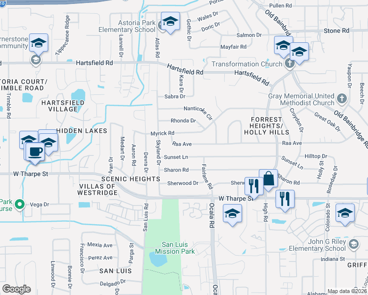 map of restaurants, bars, coffee shops, grocery stores, and more near 1912 Raa Avenue in Tallahassee