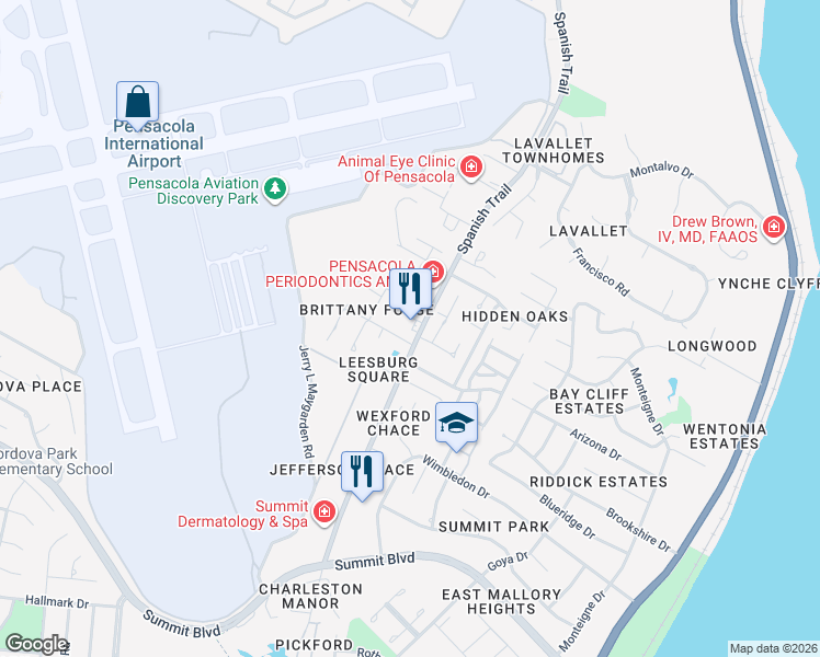 map of restaurants, bars, coffee shops, grocery stores, and more near 4313 Spanish Trail in Pensacola