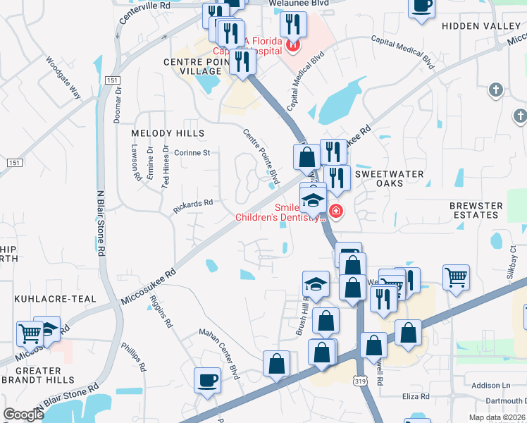 map of restaurants, bars, coffee shops, grocery stores, and more near 1847 Ashley Hall Way in Tallahassee