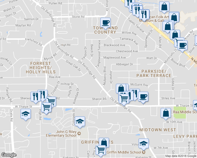 map of restaurants, bars, coffee shops, grocery stores, and more near 2113 Old Bainbridge Road in Tallahassee