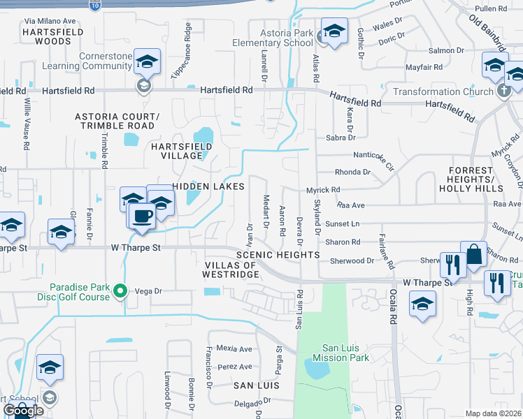 map of restaurants, bars, coffee shops, grocery stores, and more near 1820 Ivan Drive in Tallahassee