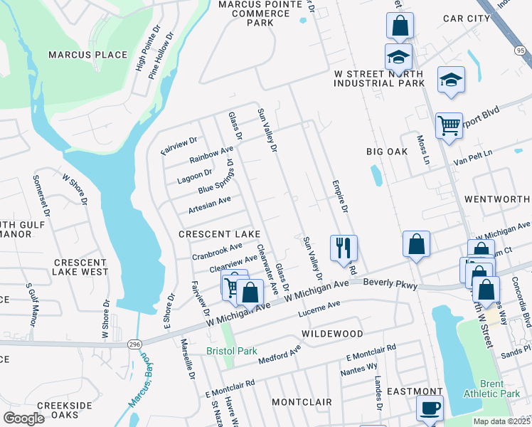map of restaurants, bars, coffee shops, grocery stores, and more near 5524 Glass Drive in Pensacola