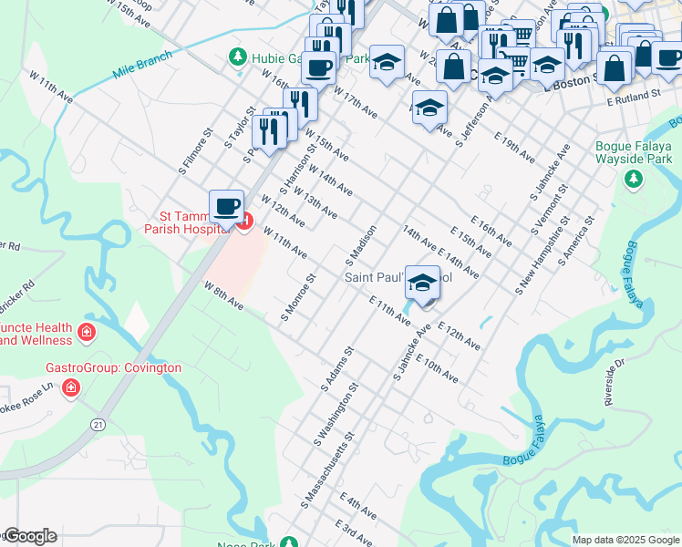 map of restaurants, bars, coffee shops, grocery stores, and more near 1009 South Madison Street in Covington